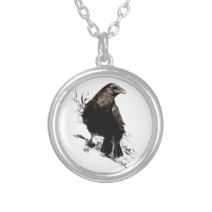 Watercolor Raven Bird Animal Art Black Silver Plated Necklace