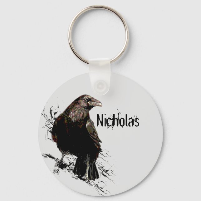 Watercolor  Raven Bird Animal Customize Name Keychain (Front)