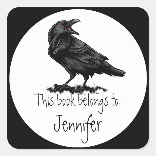 Watercolor Raven Bird  Book Plate Square Sticker (Front)