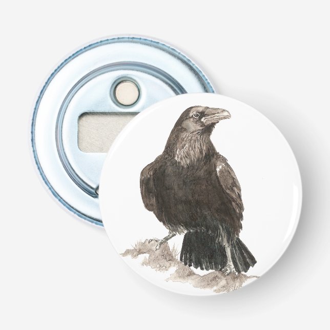 Watercolor Raven Bird Nature Art Bottle Opener (Front)