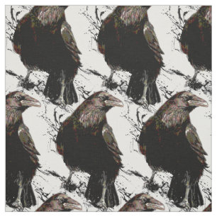 Watercolor Raven Black Bird Animal Nature Art Fabric