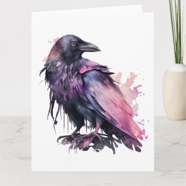 Watercolor Raven - Pink Card (Front)