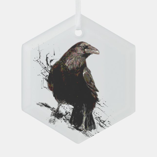 Watercolor Raven Wildlife Nature Bird Glass Ornament (Front)