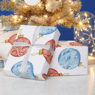 Watercolor Red and Blue Christmas Ornaments Wrapping Paper