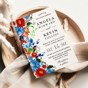 Watercolor Red and Blue Flowers Wedding Invitation