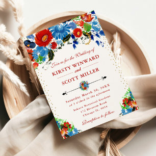Watercolor Red and Blue Flowers Wedding Invitation