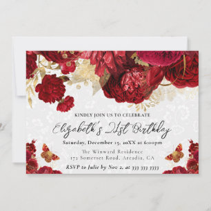 Watercolor Red and Gold Flowers 21st Birthday Invitation