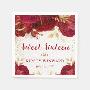 Watercolor Red and Gold Flowers Sweet 16 Napkin