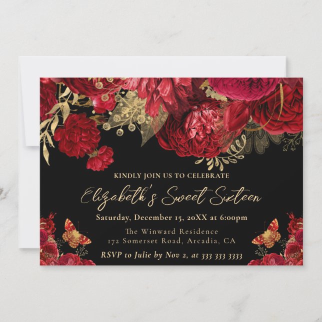 Watercolor Red and Gold Flowers Sweet Sixteen Invitation (Front)