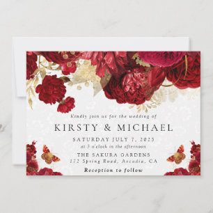 Watercolor Red and Gold Flowers Wedding Invitation