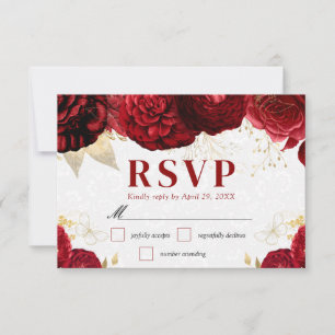 Watercolor Red and Gold Flowers Wedding RSVP Card