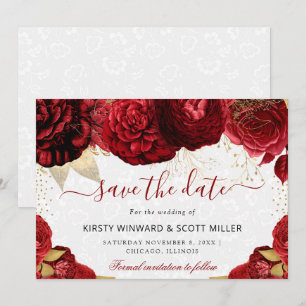 Watercolor Red and Gold Flowers Wedding Save The Date