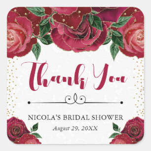 Watercolor Red and Gold Glam Roses Bridal Shower Square Sticker