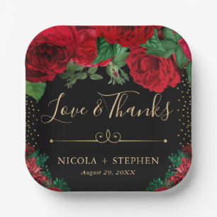 Watercolor Red and Gold Glam Roses Wedding Paper Plate