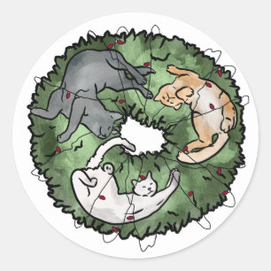 Watercolor red and green Cat Christmas  Classic Round Sticker
