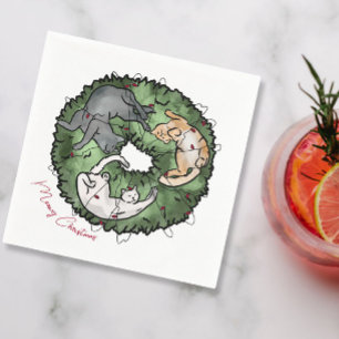 Watercolor red and green Cat Christmas  Napkin