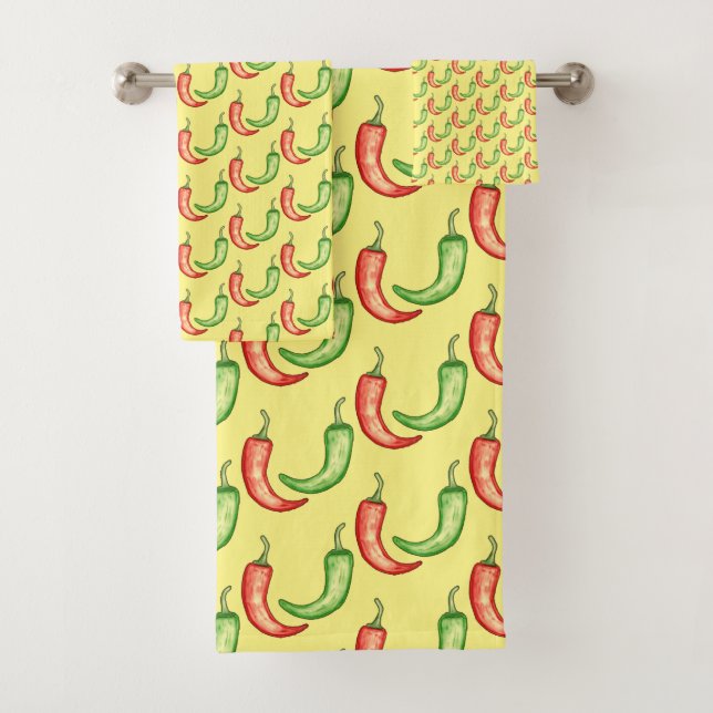 Watercolor Red And Green Chili Peppers Bath Towel Set (Insitu)