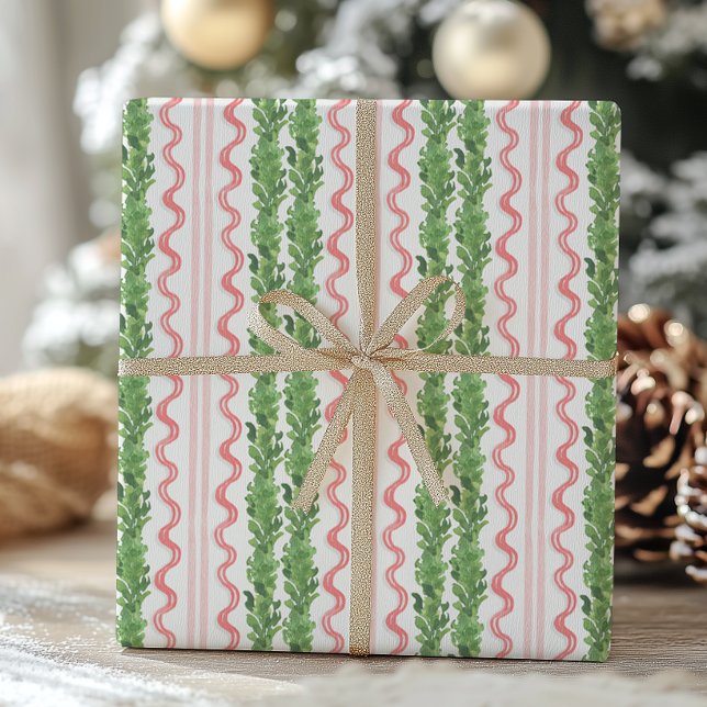 Watercolor Red and Green Christmas Garland Wrapping Paper Sheet (Creator Uploaded)
