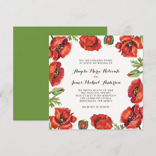Watercolor Red and Green Poppy Flower Wedding 2 Invitation (Front/Back)