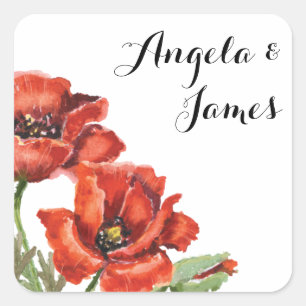 Watercolor Red and Green Poppy Flower Wedding 2 Square Sticker
