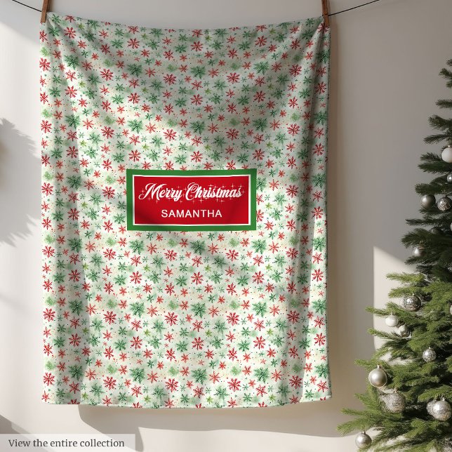 Watercolor red and green snowflakes custom name fleece blanket (Watercolor red and green snowflakes custom name Fleece Blanket)