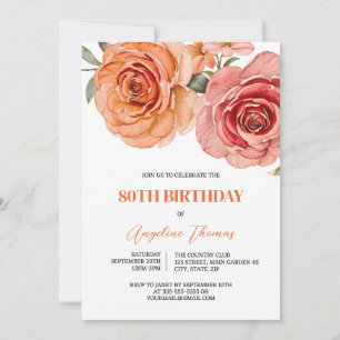 Watercolor Red And Orange Rose Floral Birthday Invitation