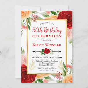 Watercolor Red and Orange Roses 50th Birthday Invitation