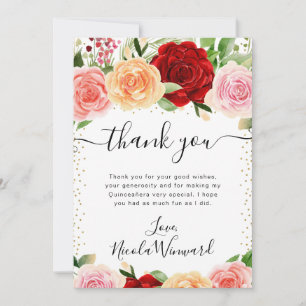 Watercolor Red and Orange Roses Quinceanera Thank You Card