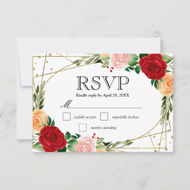 Watercolor Red and Orange Roses Wedding RSVP Card (Front)