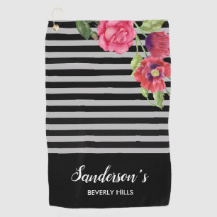 Watercolor Red and Pink Flowers Black Grey Stripes Golf Towel