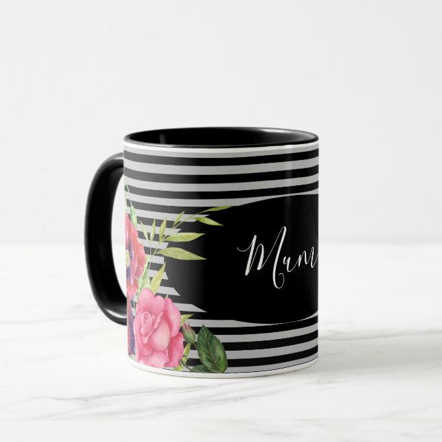 Watercolor Red and Pink Flowers Black Grey Stripes Mug (Front Left)