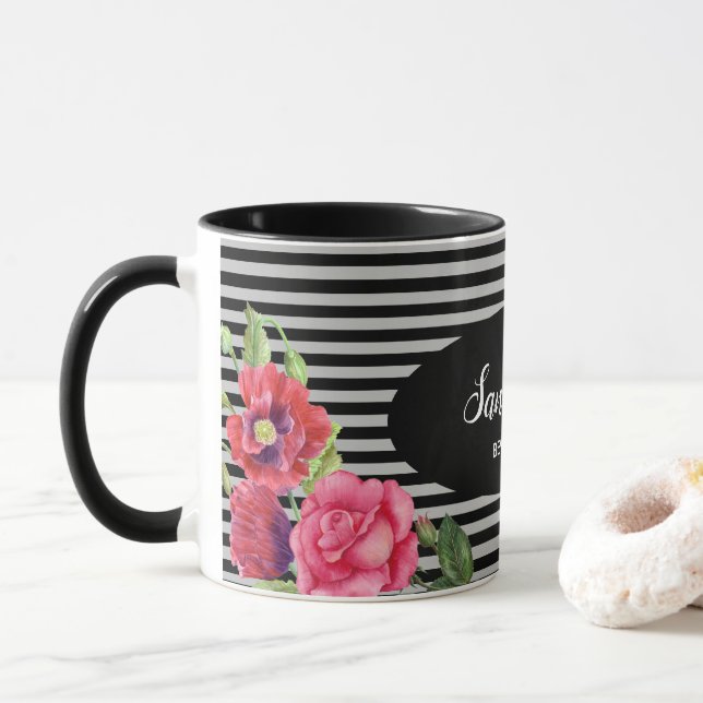 Watercolor Red and Pink Flowers Black Grey Stripes Mug (With Donut)