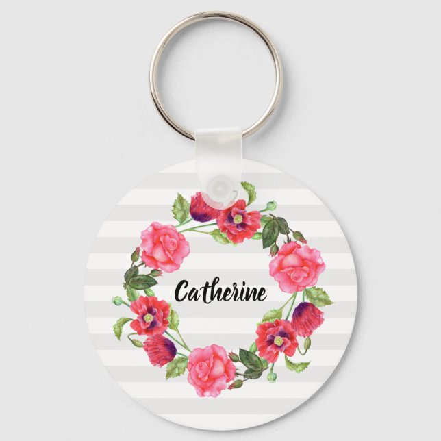 Watercolor Red and Pink Flowers Wreath Circle Keychain (Front)
