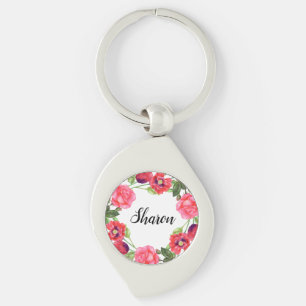 Watercolor Red and Pink Flowers Wreath Circle Keychain