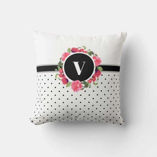 Watercolor Red and Pink Flowers Wreath Circle Throw Pillow (Front)