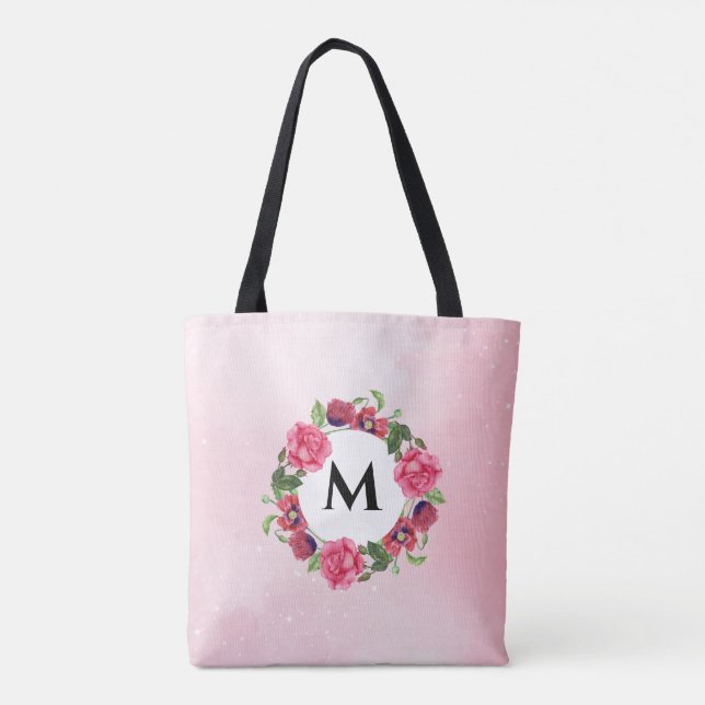 Watercolor Red and Pink Flowers Wreath Circle Tote Bag (Back)