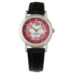 Watercolor Red and Pink Flowers Wreath Circle Watch