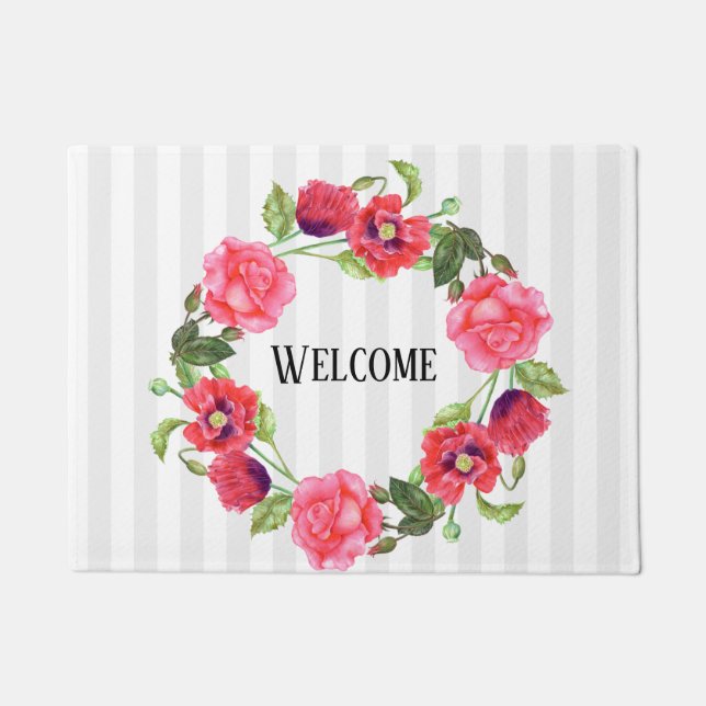 Watercolor Red and Pink Flowers Wreath Design Doormat (Front)