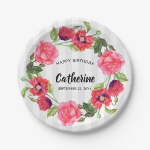 Watercolor Red and Pink Flowers Wreath Design Paper Plate