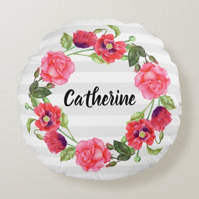 Watercolor Red and Pink Flowers Wreath Design Round Pillow (Front)