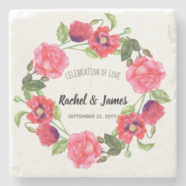 Watercolor Red and Pink Flowers Wreath Design Stone Coaster (Front)