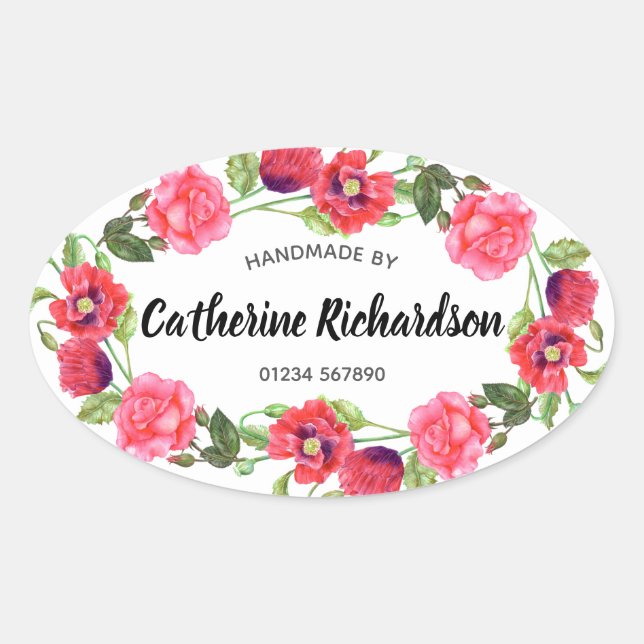 Watercolor Red and Pink Flowers Wreath Oval Design Sticker (Front)