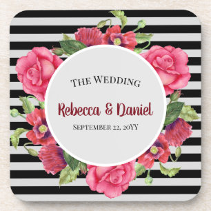 Watercolor Red and Pink Flowers Wreath Wedding Coaster