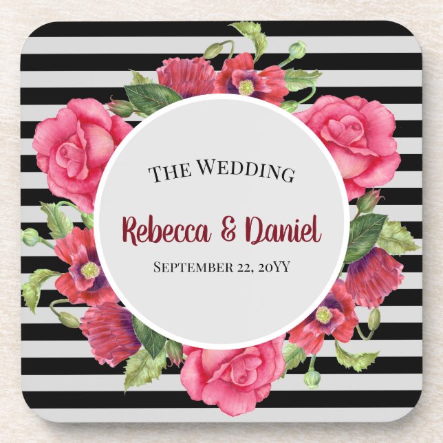 Watercolor Red and Pink Flowers Wreath Wedding Coaster (Front)