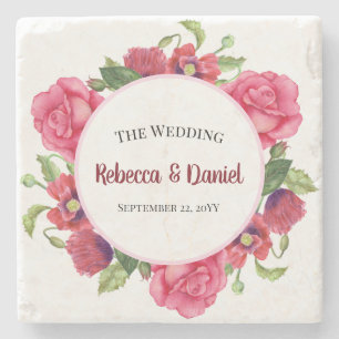 Watercolor Red and Pink Flowers Wreath Wedding Stone Coaster