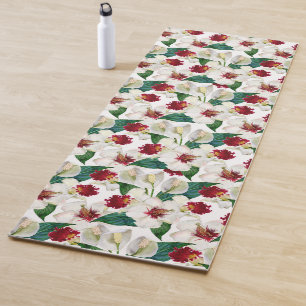 Watercolor Red And White Summer tropical Blooms Yoga Mat