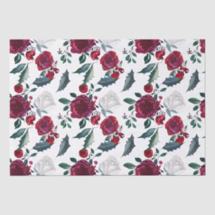 Watercolor Red and White Winter Flowers Christmas Tissue Paper