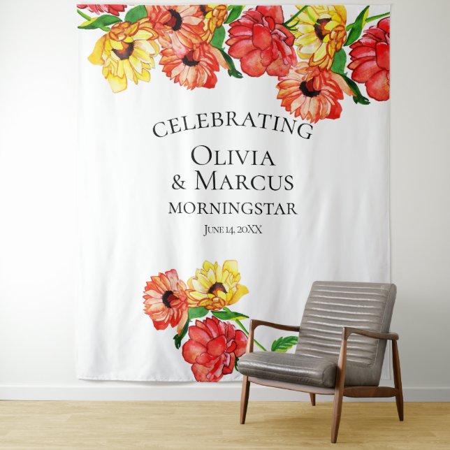 Watercolor Red and Yellow Floral  Photo Backdrop Tapestry (In Situ)