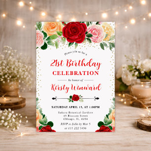 Watercolor Red and Yellow Roses 21st birthday Invitation