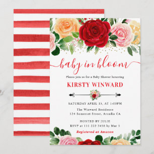 Watercolor Red and Yellow Roses Baby Shower Invitation